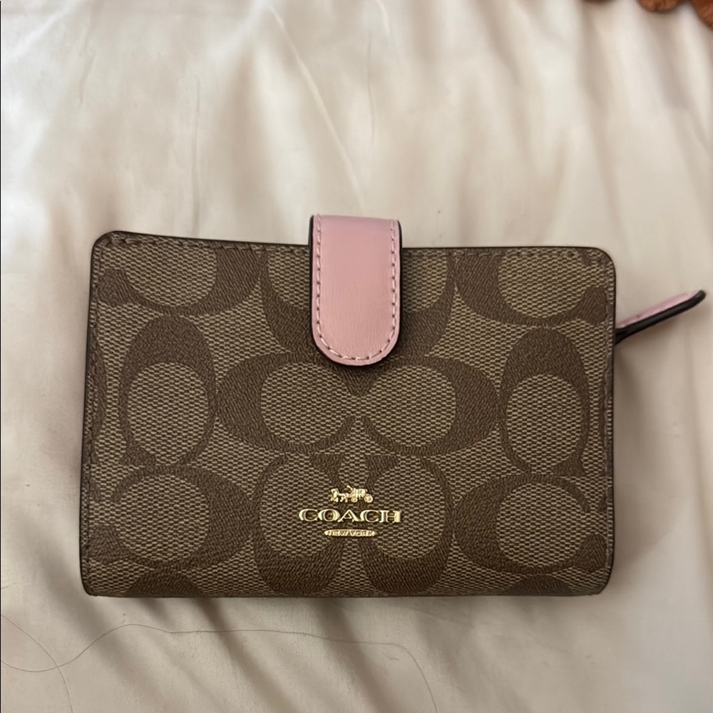 Coach Signature Brown Wallet with Pink Accent